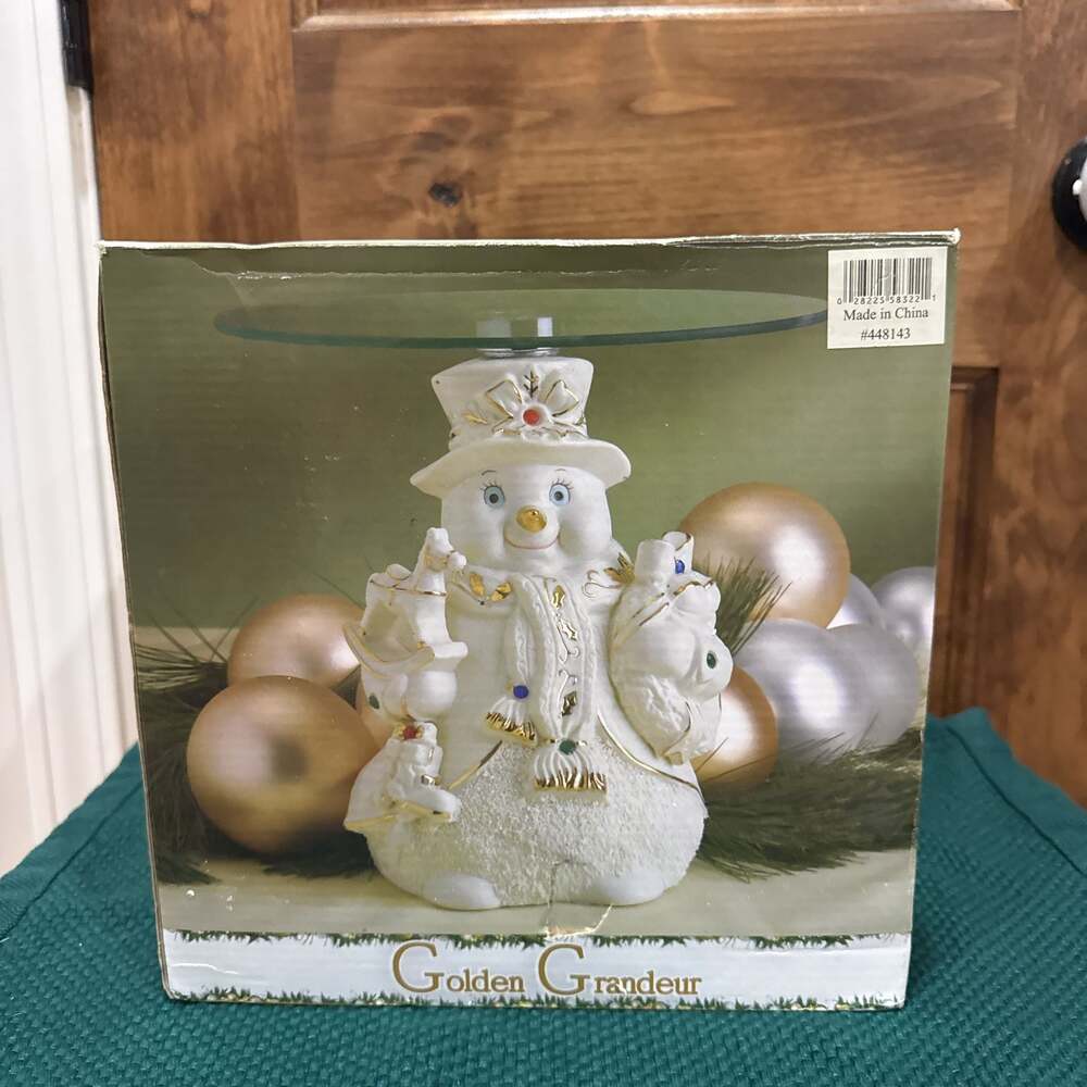 Golden Grandeur Snowman Christmas Candle Dish Holder, New In Box